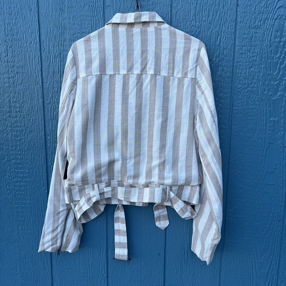 Lulu’s Vacation Signature Taupe and Ivory Striped Belted Moto Jacket Large NEW - Picture 7 of 14